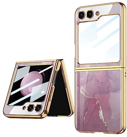 COQUE Case for Samsung Z Flip 5 5G,Ultra Slim 9H Glass Shiny Painted Mobile Phone Shell,Folding Phone Cover for Samsung Galaxy Z Flip 5 5G-Purple Pink