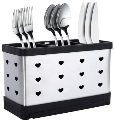 Fadcaer Utensil Holder,Stainless Steel Utensil Holder,Cutlery Drainer Tableware Holder with 3 Compartments,Stainless Steel Kitchen Utensils Organizer,Countertop Cutlery Drying Holder (Silvery)