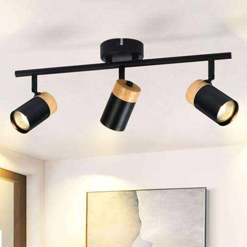 Glitzerlife Deckenleuchte 3 Flammig Schwarz Deckenstrahler - Deckenlampe Holz LED GU10 Deckenlampe Drehbar 330° für Wohnzimmer Schlafzimmer Küche Kinderzimmer Ohne Leuchtmittel