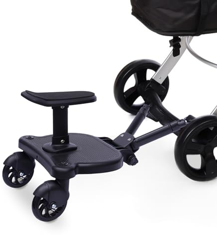 MEHOOSPVN Buggy Board mit Sitz, Trittbrett für Kinderwagen Universal, mit Aufhängegurt, stabiles Two Wheel Design, 360 drehbar, Kinderwagenzubehör für Kinder von 2 bis 7 Jahren schwarz 25 kg