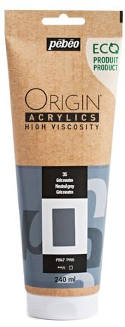 Pebeo - Origin Acrylics 240 ml - Pintura Acrílica Ecodiseñada - Alta Viscosidad - Acabado Mate - Ligante 100% Reciclado - 96% Materias Primas Europeas - Gris Neutro