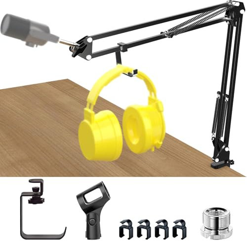 NKNI Boom Arm Microphone Mic Stand with 3/8” to 5/8” Screw and Headphone Hook and Cable Management, Adjustable Desk Mic Stand for Yeti, Snowball, QuadCast SM7B and other Mics