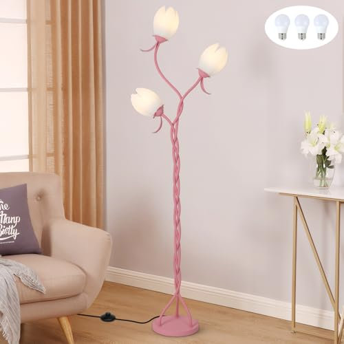 Stepeak Flower Floor Lamps for Living Room, Modern Standard Lamps with Bulbs, DIY 3-Lights Floor Standing Lamp with Tulip Flower Shades & Foot Switch, Pink Tall Floor Lamp for Bedroom Office Hallway