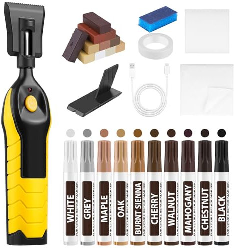 POFIBO Laminat Reparaturset - Vinylboden Reparaturset mit 11 Farben Hartwachs, 10 Holzmarker und USB Aufladbar Schmelzwerkzeug PVC Vinyl Holz Möbel Parkett Reparaturset für Kratzern, Rissen, Löchern