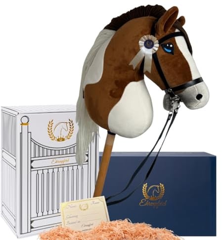 Ehrenpferd Hobby Horse Pferd -A3- Premium Steckenpferd mit Zubehör für Hobby Horsing: Pferde Spielzeug Set mit Stockpferd, Trense, Turnierschleife & Stall als Pferde Mädchen Geschenk - Toffee