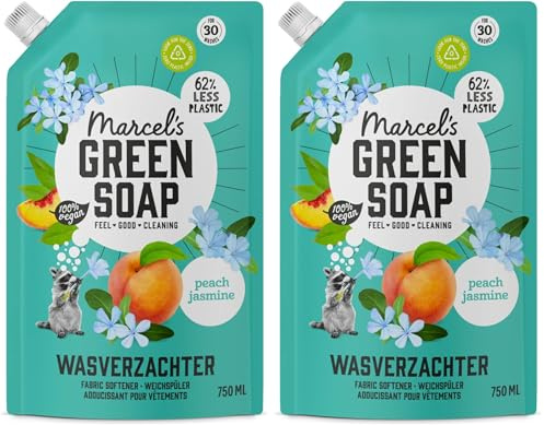 Marcel's Green Soap - Recharge d'adoucissant Pêche & Jasmin - Adoucissant liquide - Sans microplastiques ni huile de palme - Vegan - 750ml (Lot de 2)