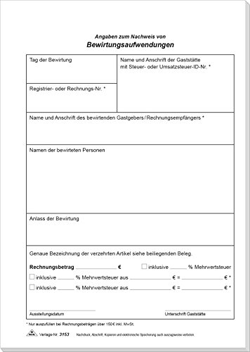 RNKVERLAG 3153 - Bewirtungskosten Beleg, Block mit 50 Blatt, DIN A5