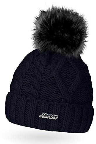 Neverless gefütterte Damen Strickmütze mit Fell-Bommel und Fleece-Futter, Kunstfell, Winter-Mütze, Bommelmütze, Navy Unisize