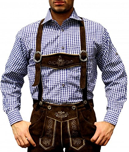 German Wear Trachtenhemd für Trachtenlederhosen Trachtenmode Blau/karo 100% Baumwolle (2XL)