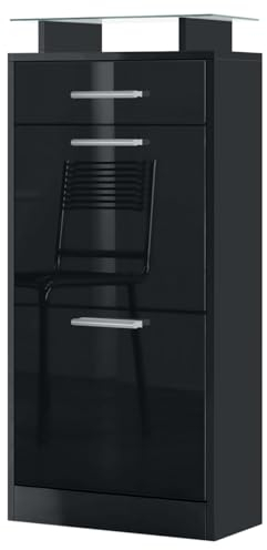 Vladon Schuhschrank Loret V2, Schuhkipper für 8 Paar Schuhe mit 2 Klappen, 1 Schublade und Glasablage, Schwarz matt/Schwarz Hochglanz (46 x 104 x 23 cm)