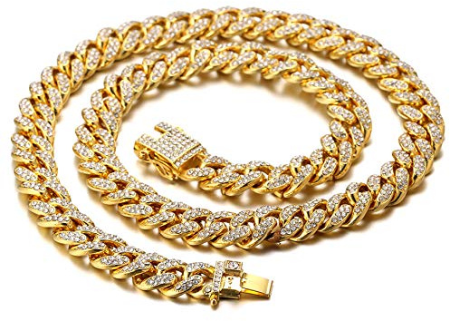 Halukakah Diamant Kubanische Kette für Damen Mädchen,13.5MM 18 Karat Echt Vergoldet/Platin Weißgold Überzogen Halsband Halskette Armband Iced Out,Labordiamanten Hand Eingelegt,mit Geschenkbox