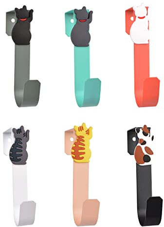UFURMATE Türhaken, 6 Stück, Metall, einzelne Türhaken, Tier, dekorative Haken zum Aufhängen von Handtüchern, Kleidung, Taschen, Hüten (Katzendekor)