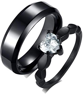 Gualiy Ring Paar Edelstahl, Paar Ringe Set 6MM Schwarzer Ring, Ring mit Zirkonia Herz Verlobungsring Paar Damen 60 (19.1) & Herren 62 (19.7)