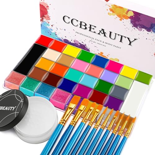 CCbeauty Professional 36 Colours Face Paint Palette,Face Painting Kit,Neon Body Paint,Non-Toxic Oil Based SFX Makeup With Loose Powder,10 Brushes For Halloween Special Effects Costume Cosplay Makeup