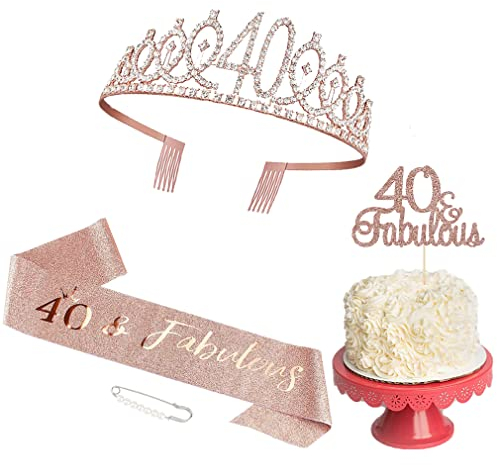 Schärpe und Tiara zum 40. Geburtstag für Frauen, Roségold-Geburtstagsschärpe Krone 40 & Fabulous Schärpe und Tiara für Frauen, Geschenke zum 40. Geburtstag für 40. Geburtstagsparty mit Tortenstecker