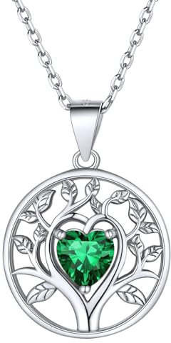 Supcare Colliers délicats arbre de vie pour femmes en argent sterling avec pendentif rond avec pierre de naissance de mai, cadeaux pour maman