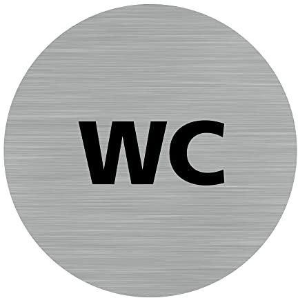 Pictogramme WC (Q0182). Autocollant Souple Effet alu brossé ou Plaque de Porte alu brossé EP 2mm au Choix - Diamètre 83 mm - Adhésif Aspect Aluminium brossé - Adhésif Aspect Aluminium brossé -