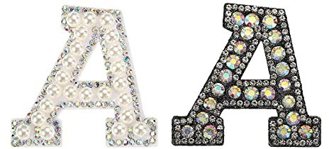 sourcing map Iron on Decorative Letter a Black White Patch Glitter Alphabet Applique Rhinestone Pearl English Letter for DIY Clothes Repair Hats Bags Pack of 2