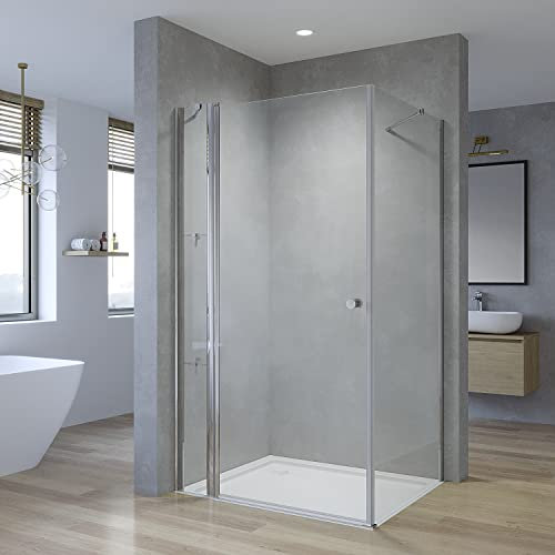Duschkabine Eckeinstieg 110x90 x 197 cm Duschabtrennung Duschwand Glas Eck Dusche Duschtür an Festteil mit festem Seitenteil Eckdusche rahmenlos Drehtür Schwingtür Pendeltür Eckregale Eckablage