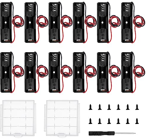 12 PCS AA Battery Holder Bundle, KUOQIY 1 x 1.5V AA Battery Storage Box with Wire, with 2 PCS Plastic Battery Storage Box & Screwdriver & Screws