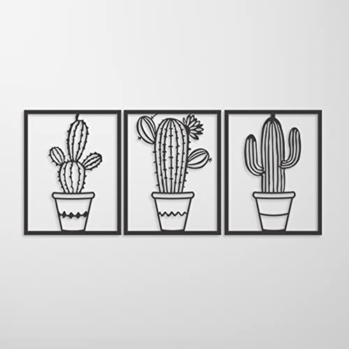 Dekory Wandkunst Kaktus In Schwarz Metall Topf 3 Panel Kaktus Wanddeko Metall Wanddeko für Wohnzimmer Schlafzimmer Büro (114 * 57 cm [44,8 * 22,4 ]
