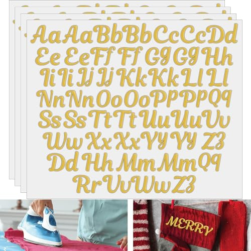 Gold Iron On Letters for Fabric & Clothing (208 Pieces) - Cursive & Small Iron On Letters for Christmas Stockings, 1.5 Gold