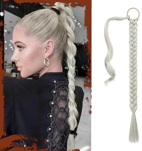 Sofeiyan Braid Extensions Pferdeschwanz Verlängerung mit Haargummi 66cm Lange Geflochtener Ponytail Verlängerung Silbernes Nebelgrau Natürliches Haarverlängerung Synthetisches Zopf Haarteil für Damen