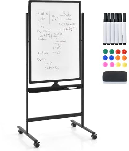GOPLUS Whiteboard magnetisch mit Ständer, doppelseitiges Whiteboard mit Zubehör Set, Trocken abwischbar, mobiles White Board höhenverstellbar, für Schule, Büro, Zuhause (60 x 90cm, Schwarz)