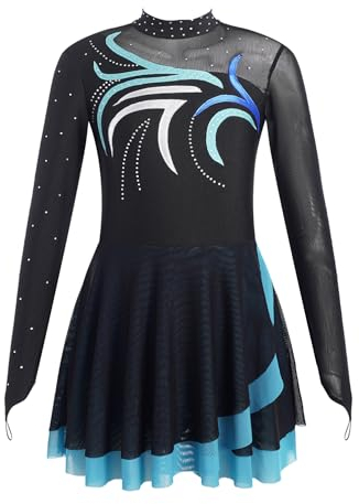 Aislor Tanzkleid Mädchen Pailletten Eiskunstlauf Kleid Kinder Langarm Ballettkleid Tanztrikot mit Rock Kleider Gymnastikanzug Wettbewerb Tanz Kostüme Y Himmelblau 146-152