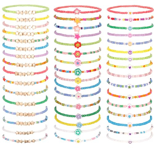 Guiqulai 48 Pcs Kids Friendship Bracelet Set,Colorful Adjustable Beaded Bracelets,Cute Stretch Preppy Bracelets,Stackable Clay Surfer Bracelets Set,Pretend Play Beaded Bracelets for Girls Women