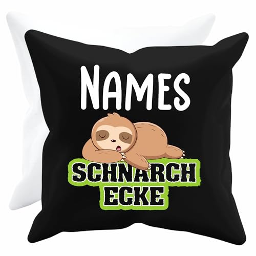 Shirtoo Geschenk Kissen mit Namen und lustigem Faultier Schnarchecke – Bedrucktes Kissen in Schwarz 40x40 mit Füllung als Geburtstags Geschenk oder zu Weihnachten