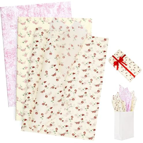 Larcenciel Seidenpapier, 30 Blatt Rose Seidenpapier Verpackungsmaterial für Geschenk, Edel Beige Rosa Geschenkpapier Blumen Packseide Verpackungspapier für Geburtstag Hochzeit Valentinstag (50x70CM)