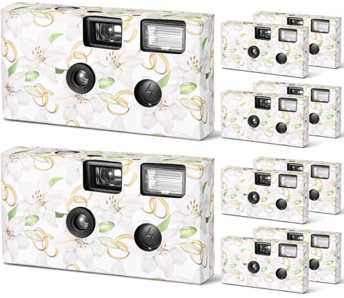 Zhengmy 10 Pack Disposable Camera for Wedding, 34mm Single Use With Flash, One Time Use for Gathering Travel (Colorful Film, White Lily)