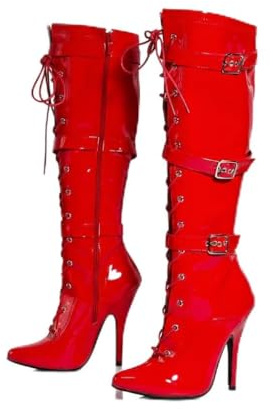 Bismaa Womens High Heel Boots With 3 Buckles - Ladies Kinky Fetish Stiletto Heel Full Side Zip Knee High Boots For Women Size UK Red, 4