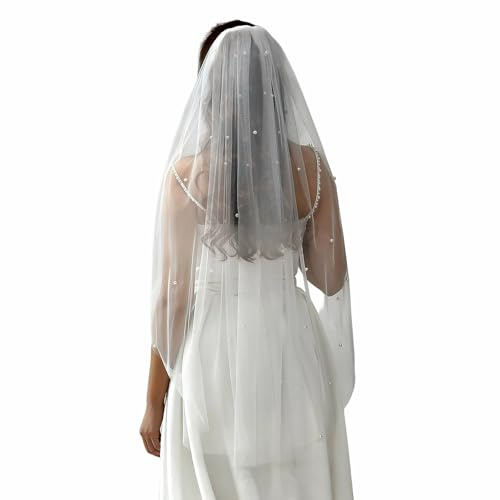 ANYUANKW Brudslöja långa pärlor bröllop slöja 100 cm elegant enkel tyll bridal slöja med kam för möhippa drömbröllop tillbehör vit
