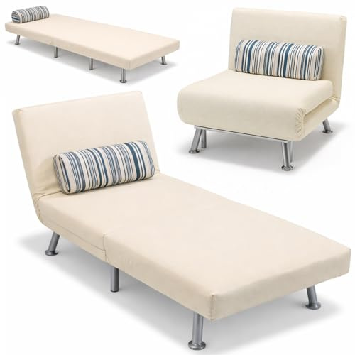 BAKAJI Divano Poltrona Letto 1 Posto Singolo Struttura in Metallo Rivestimento in Tessuto Imbottito Schienale Reclinabile 5 posizioni Dimensione 75x73x73cm (Crema)