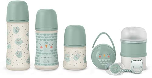 Suavinex, Babyflaschen Set, für Neugeborene. 3 x Anti-Colic-Babyflaschen + Schnuller 0/6 Monate mit SX Pro physiologischer Sauger + Milchpulver Portionierer + Duo Schnullerbox + Schnullerkette. Grün