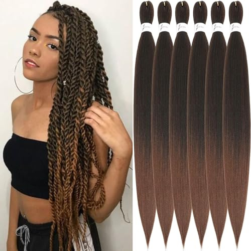 Xusuperb 36 Zoll Extra Lang Pre Stretched Braiding Haare Ombre Brown Easy Braids Extensions Schwarz Braun Kanekalon Kunsthaar zum Einflechten 6 Packungen Weiche Yaki Zöpfe Haarverlängerungen(T1B/30#)