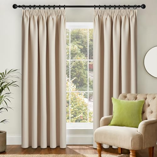 Topfinel Gardinen Wohnzimmer vorhänge Blickdicht mit kräuselband Beige Gardine Schals 220 cm Lang Thermo Vorhänge gegen Kälte Curtains Blackout 2er Set für Schienensystem Deko Schlafzimmer