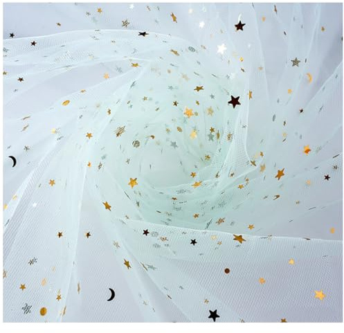 Pmnzdy Tüll Stoff 150cm x 5Yards Glitzer Dekostoff Mit Stern Mond Pailletten - Organza Tüllband für Hochzeit, Handwerk, Kleidung, Geschenk - Grün