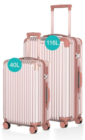 Voyagoux Kofferset 2 teilig - 40L & 116L, Hartschalenkoffer Set, TSA-Schloss, ABS, 4X 360° Rollen, Robust und Leichtgewicht Suitcase, Roségold