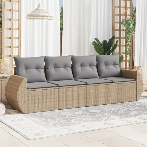 QJBSAVVA 4-TLG. Garten-Sofagarnitur, Eckbankgruppe Loungemöbel Terrasse Gartenlounge Terrassenmöbel Set Geeignet für Garten Wenig Platz Außen Balkon mit Kissen Beige Poly Rattan