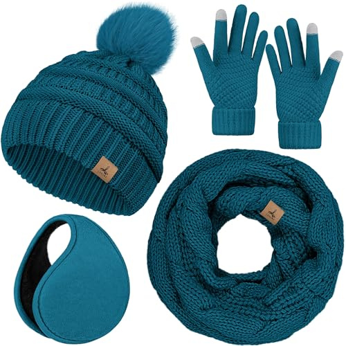 Wintermütze, Schal, Handschuhe und Ohrenwärmer, warme Strickmütze, Touchscreen-Handschuhe, Set, Wintergeschenke, Halstücher für Damen