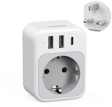 TESSAN Adaptateur Prise Anglaise, 4 en 1 Prise Irlande avec 1 USB C et 2 USB A, Adaptateur Type G France vers UK Écosse Dubai Malte Malaisie Chypre Arabie Saoudite Maldives