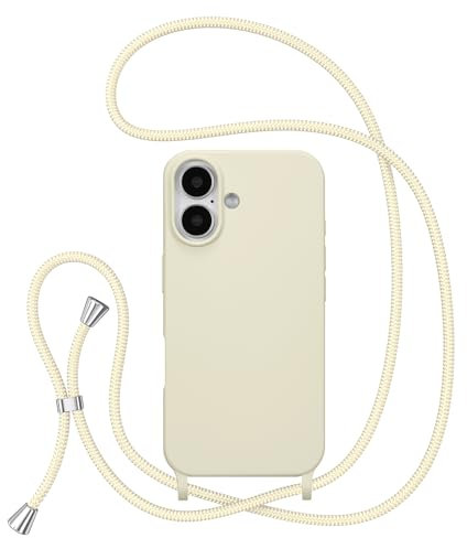 ZTOFERA Crossbody Lanyard Case for iPhone 16, Liquid Silicone Protective Phone Case with Strap Adjustable Neck Cord Necklace Soft Cover for iPhone 16, Beige