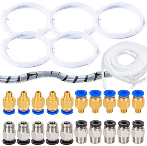 5 Stück PTFE Teflonschlauch mit 10 Stück PC4-M6 Pneumatik Verbinder, 10 Stück PC4-M10 Pneumatik Verbinder und 1Weißer Wickelschlauch gehörenvon 3D-Drucker mit 1,75 mm Filament