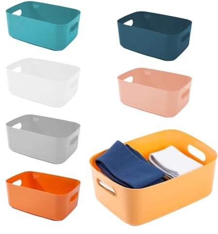 Eidoct 7PCS Plastic Storage Boxes, Stackable Cupboard Organiser | 7 Diffirent Colors, Open Storage Bins with Handles, for Kitchen, Office, Bathroom, Toy and School