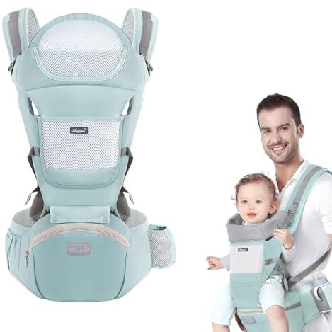 Hoclauho 6-in-1 Babytrage für Neugeborene, Ergonomische Babytrage mit Hüftsitz, Baumwolle und Atmungsaktiv, Verstellbar für Babys & Kleinkinder (0-36 Monate, bis zu 20kg), Grün