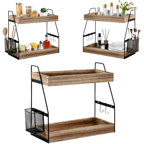 2 Ripiani Portaspezie, 35,5x17x33cm, Scaffale Bagno, Angolo Caffe Cucina con Cestino Appendere e 2 Ganci, Piano di Lavoro in Legno, Porta Tazze Portaspezie da Appoggio per Sala da Pranzo Toilette