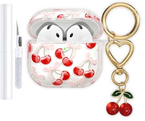 AIIEKZ Compatibile con AirPods 4 2024, Cover in TPU morbida con motivo floreale per AirPods 4a generazione, con portachiavi floreale e kit di pulizia e moschettone (ciliegia)